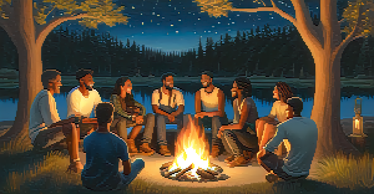 A diverse group of people sitting around a fire at night, sharing stories in a peaceful outdoor setting, surrounded by trees and a starry sky.