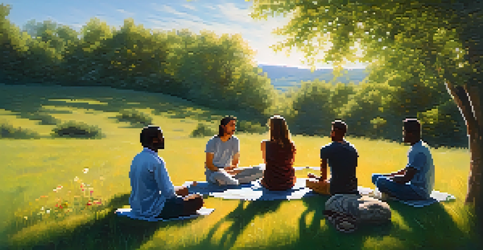 A diverse group of individuals sitting in a circle on a grassy field, participating in a therapy session, with sunlight filtering through trees.