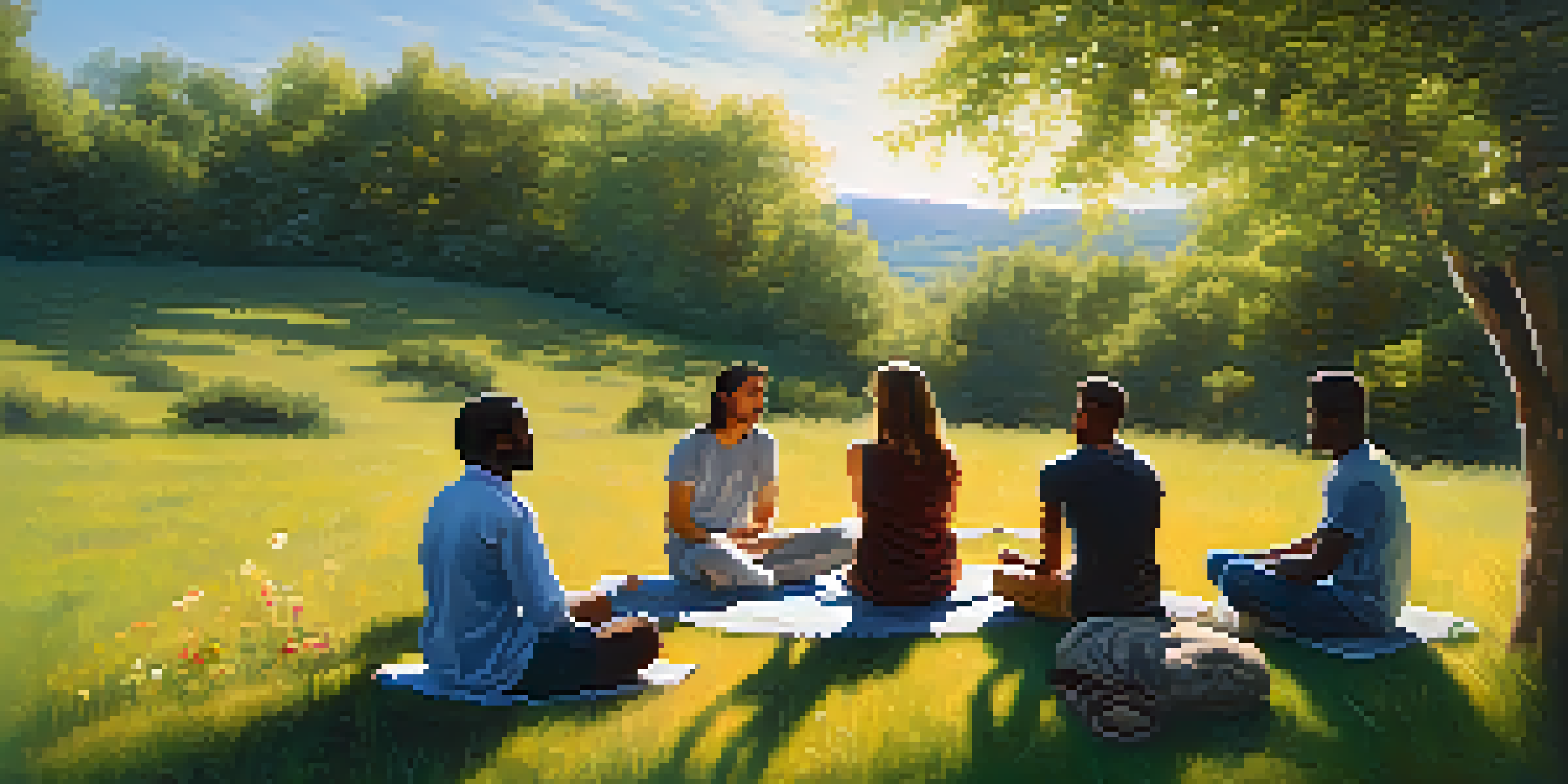 A diverse group of individuals sitting in a circle on a grassy field, participating in a therapy session, with sunlight filtering through trees.