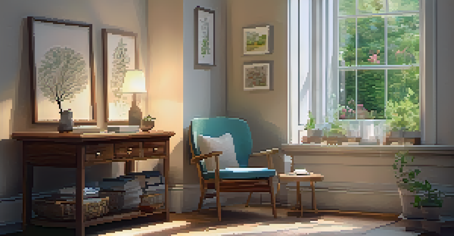 A comfortable therapy room with soft lighting, a chair, a table with a journal and tea, and a view of a garden.