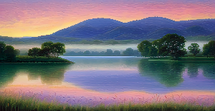 A peaceful landscape at dawn with rolling green hills, a colorful sky reflected in a tranquil lake, and a lone tree with glistening leaves.