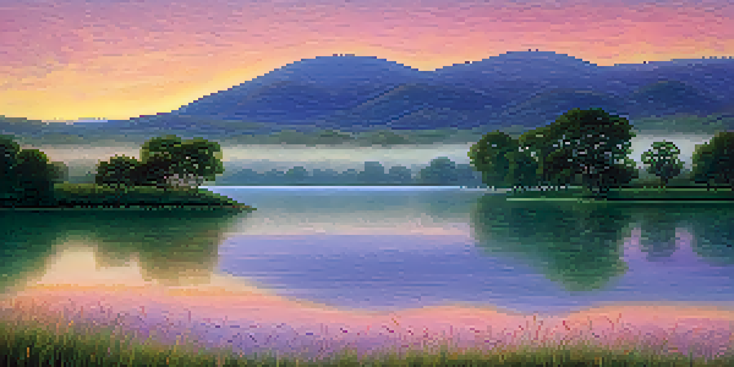 A peaceful landscape at dawn with rolling green hills, a colorful sky reflected in a tranquil lake, and a lone tree with glistening leaves.