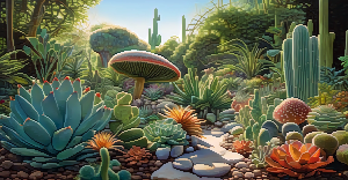 A peaceful garden filled with colorful peyote cacti and psilocybin mushrooms, bathed in soft morning light.