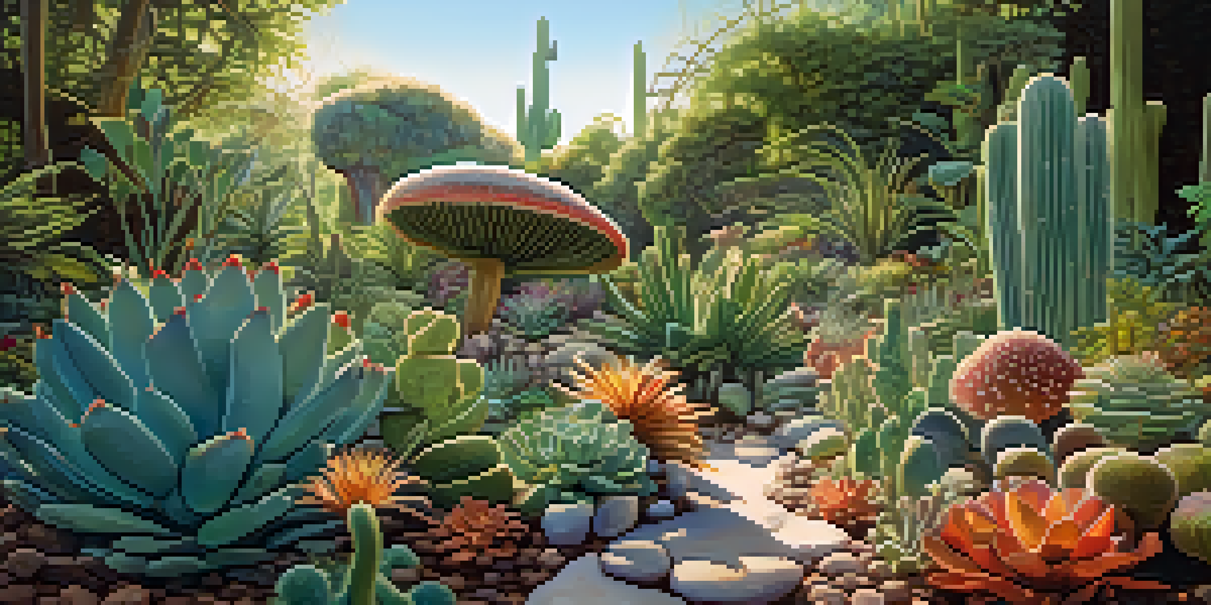 A peaceful garden filled with colorful peyote cacti and psilocybin mushrooms, bathed in soft morning light.