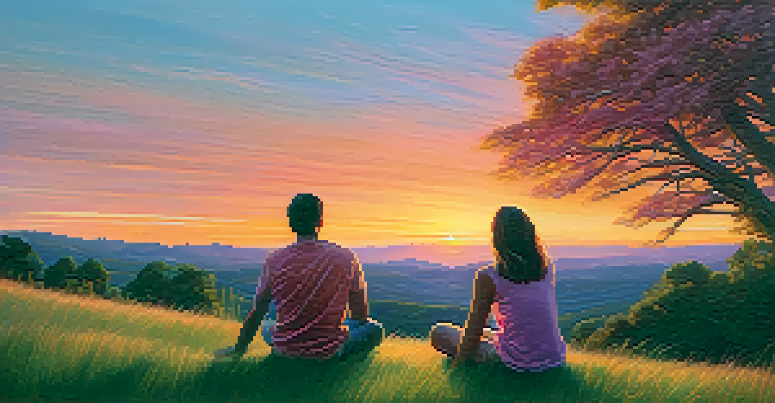 A couple sitting on a hilltop at sunset, holding hands and enjoying the view of the landscape.