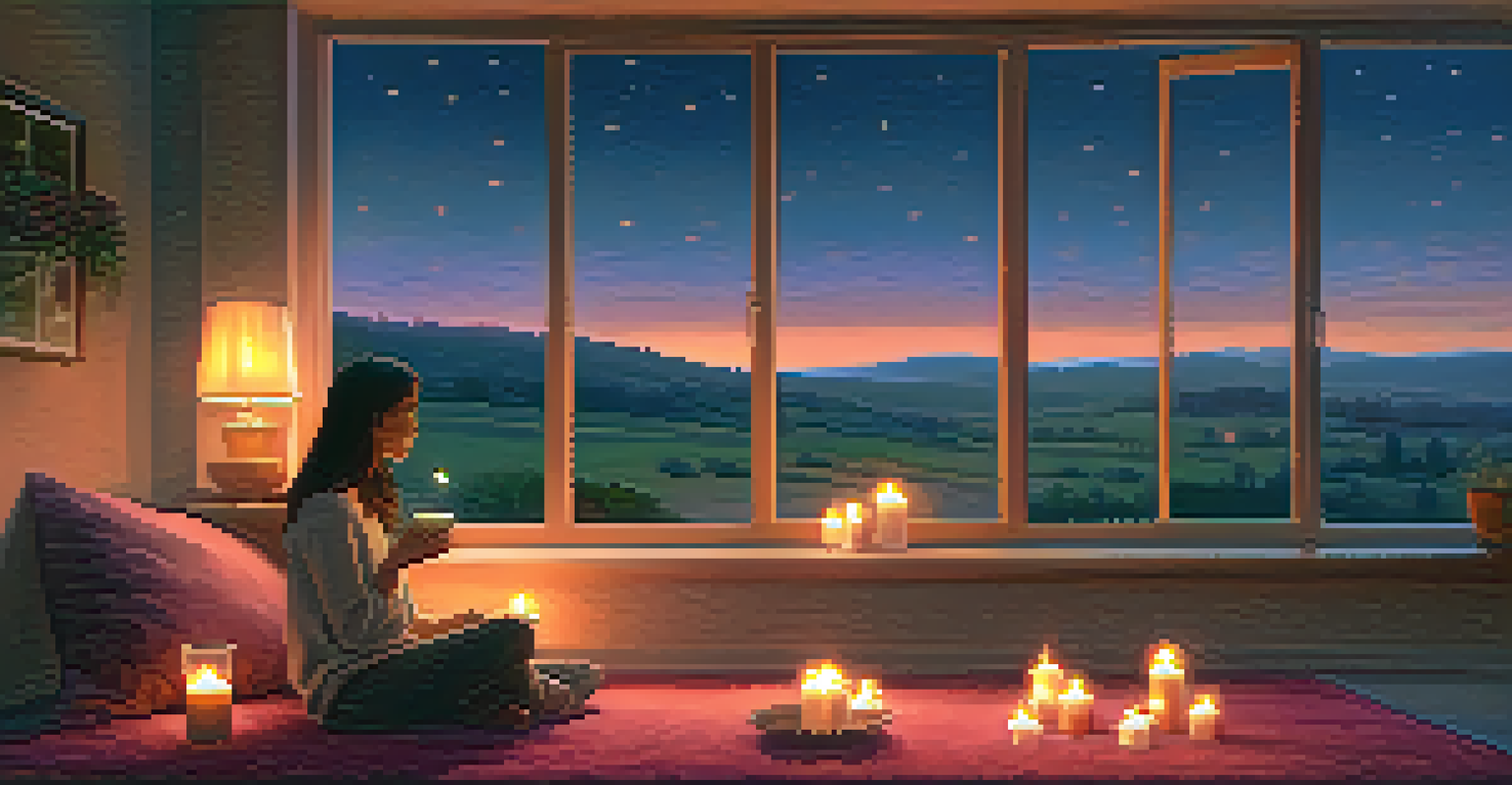 A cozy indoor scene with a person sipping tea and looking out a window at a beautiful sunset, surrounded by candles and cushions.