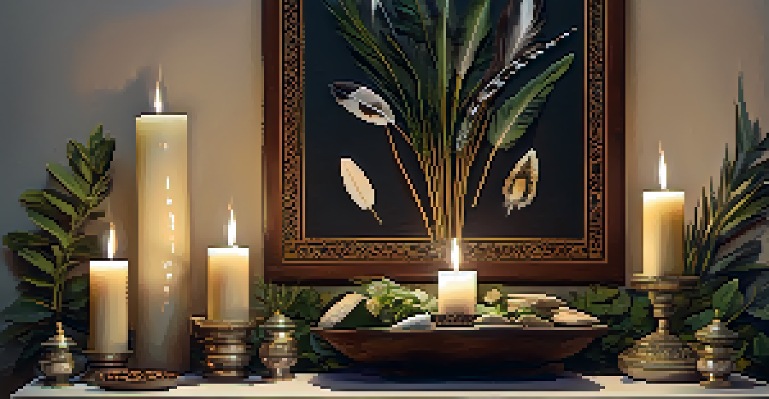 A close-up view of a ceremonial altar with natural elements and candlelight, emphasizing textures and details.