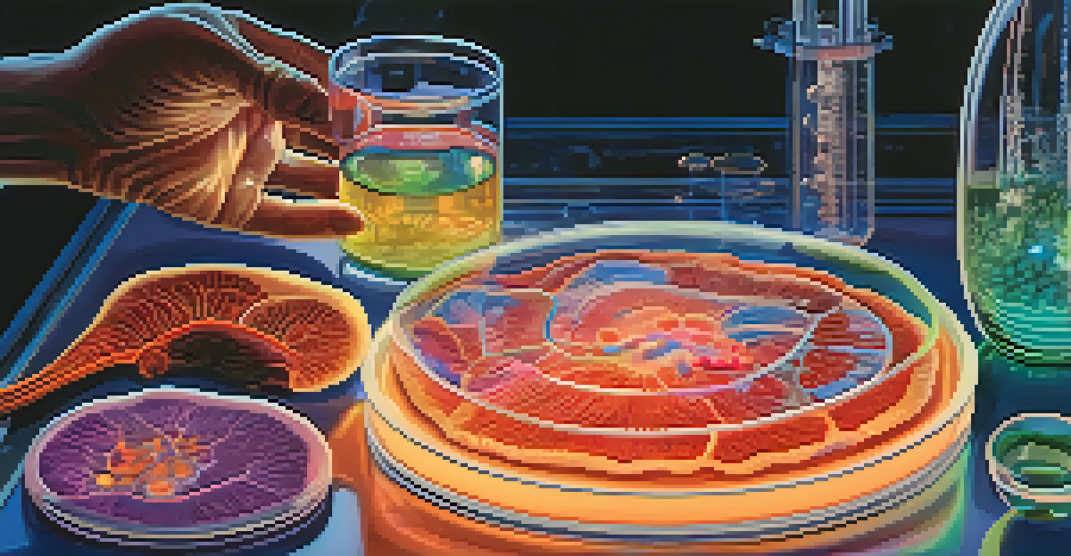 Close-up of a scientist's hand holding a petri dish with colorful psychedelic fungi in a lab setting.