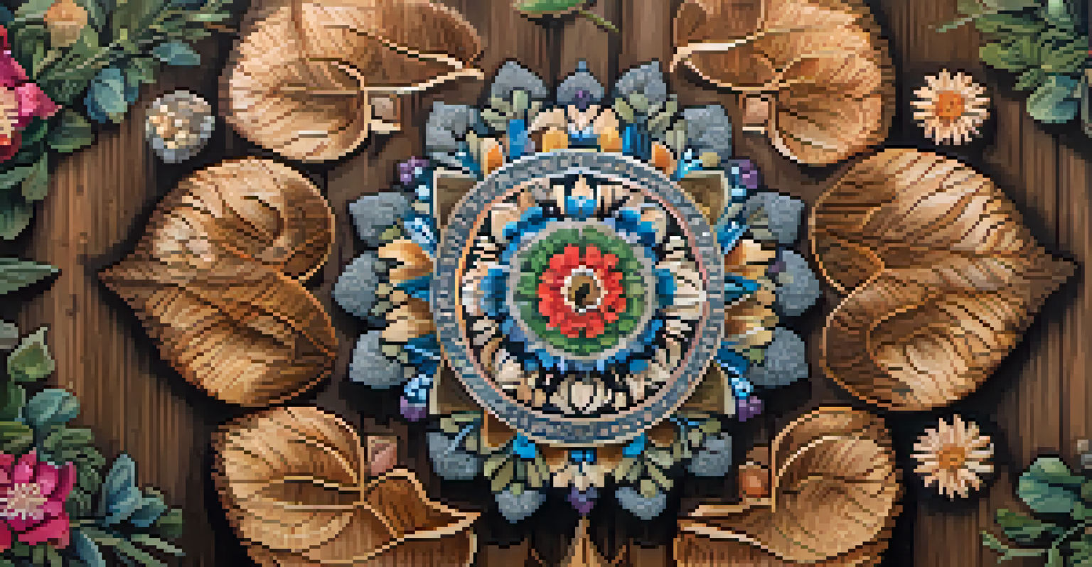 A detailed mandala made of natural elements like leaves and flowers arranged on a wooden table.