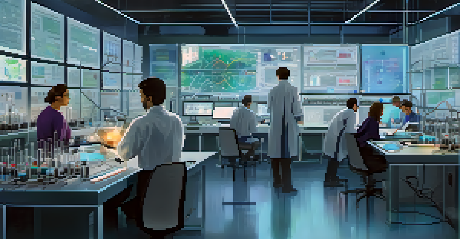 Researchers in a modern lab discussing data related to entheogen studies.