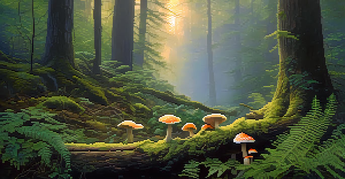 A peaceful forest at dawn with mist, sunlight through trees, and colorful mushrooms growing on a log.