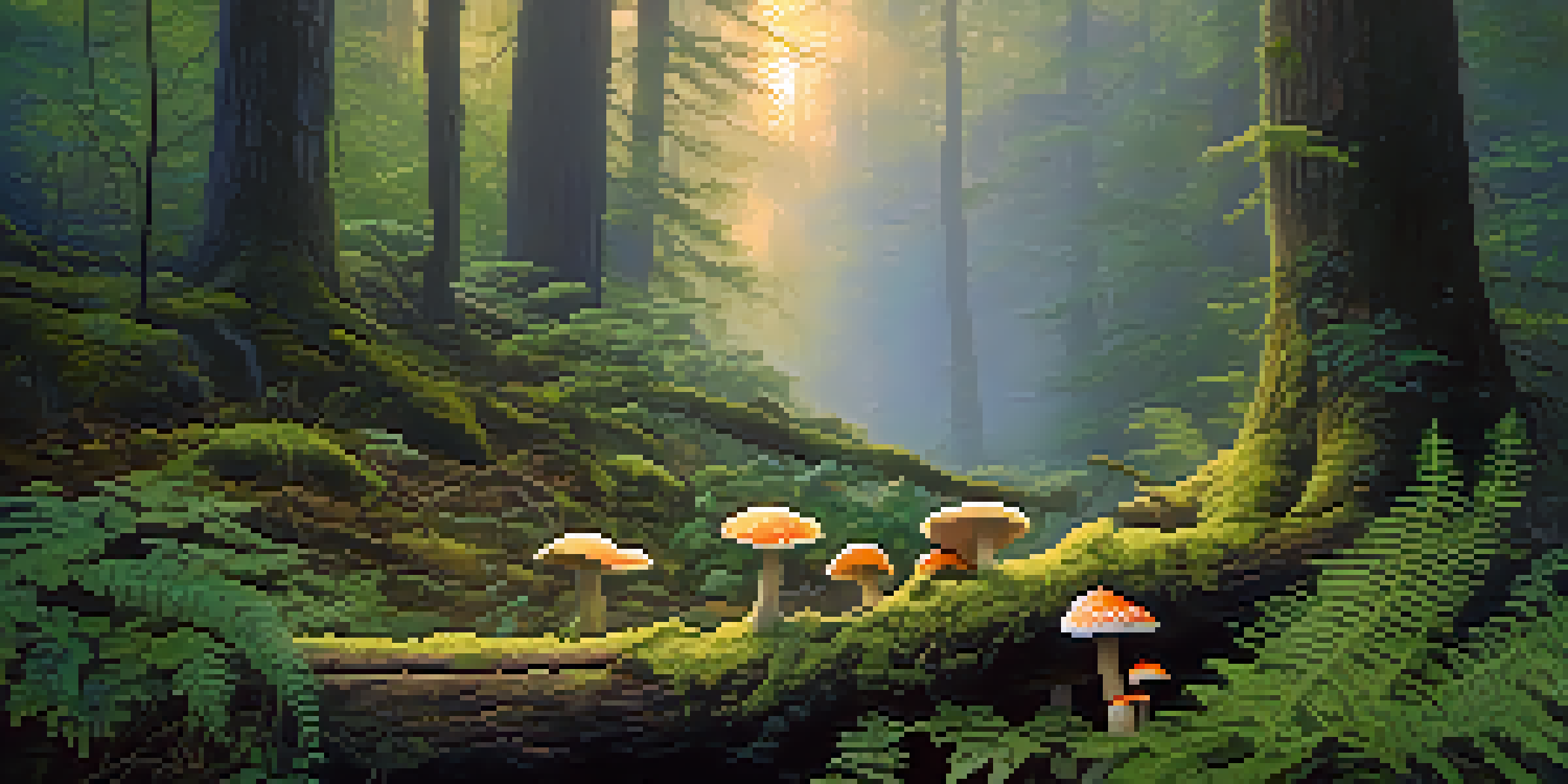 A peaceful forest at dawn with mist, sunlight through trees, and colorful mushrooms growing on a log.