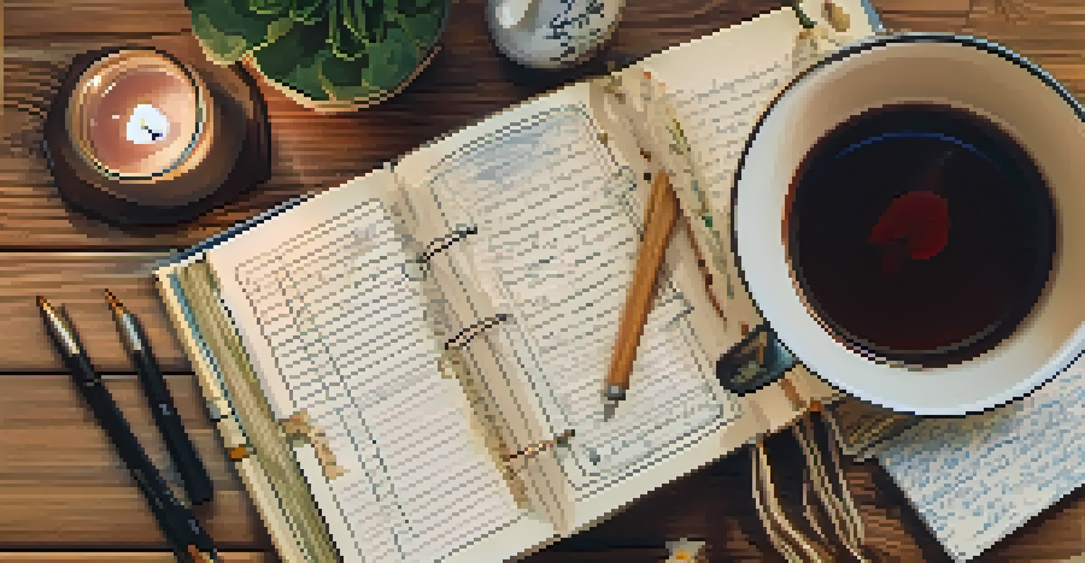 An open journal with handwritten notes and drawings on a wooden table, surrounded by art supplies.