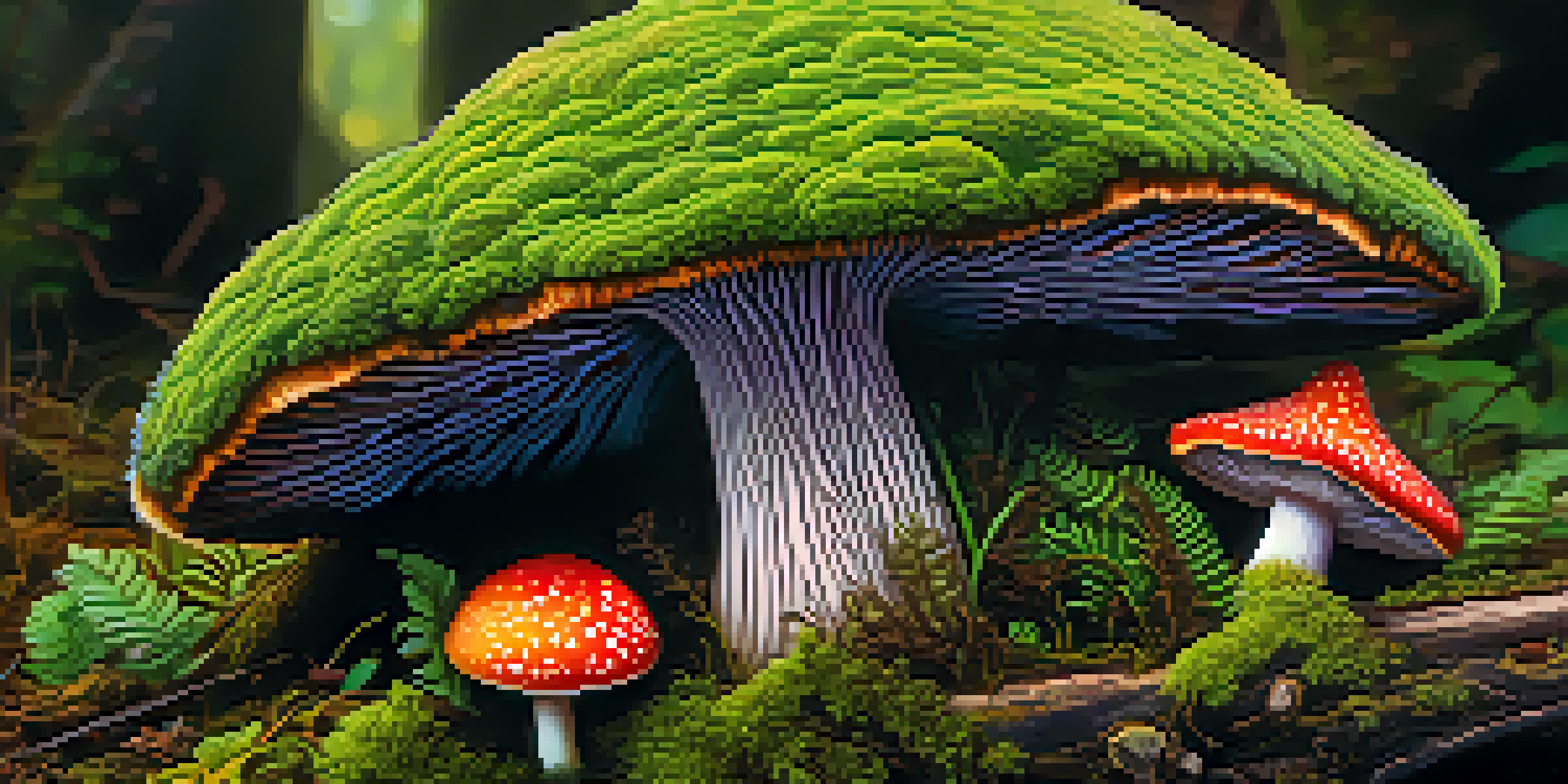 A close-up of a colorful psychedelic mushroom on a mossy log with vibrant green moss.