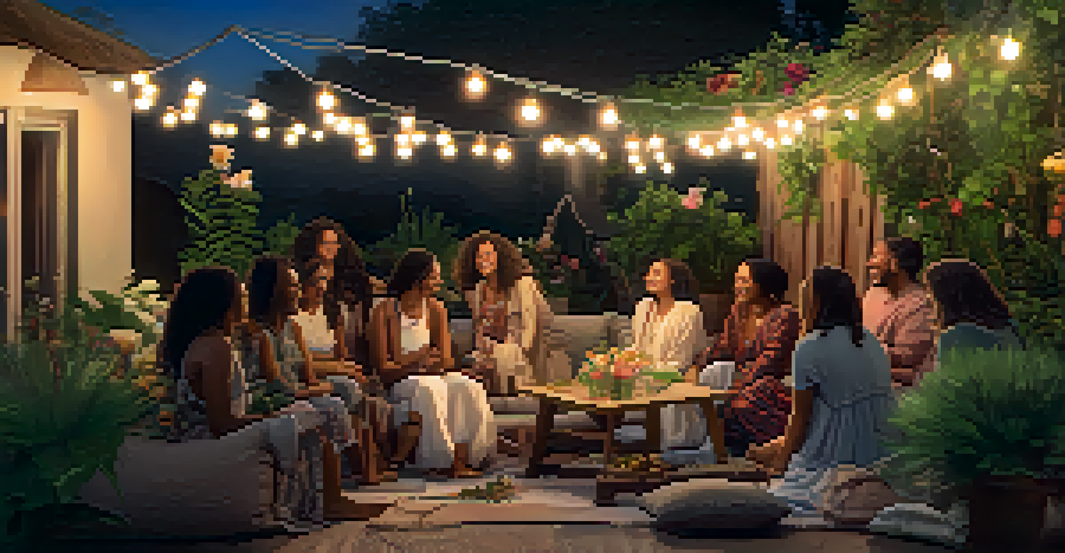 A group of diverse women sitting on cushions in an outdoor gathering space, sharing stories and laughter under soft lighting.