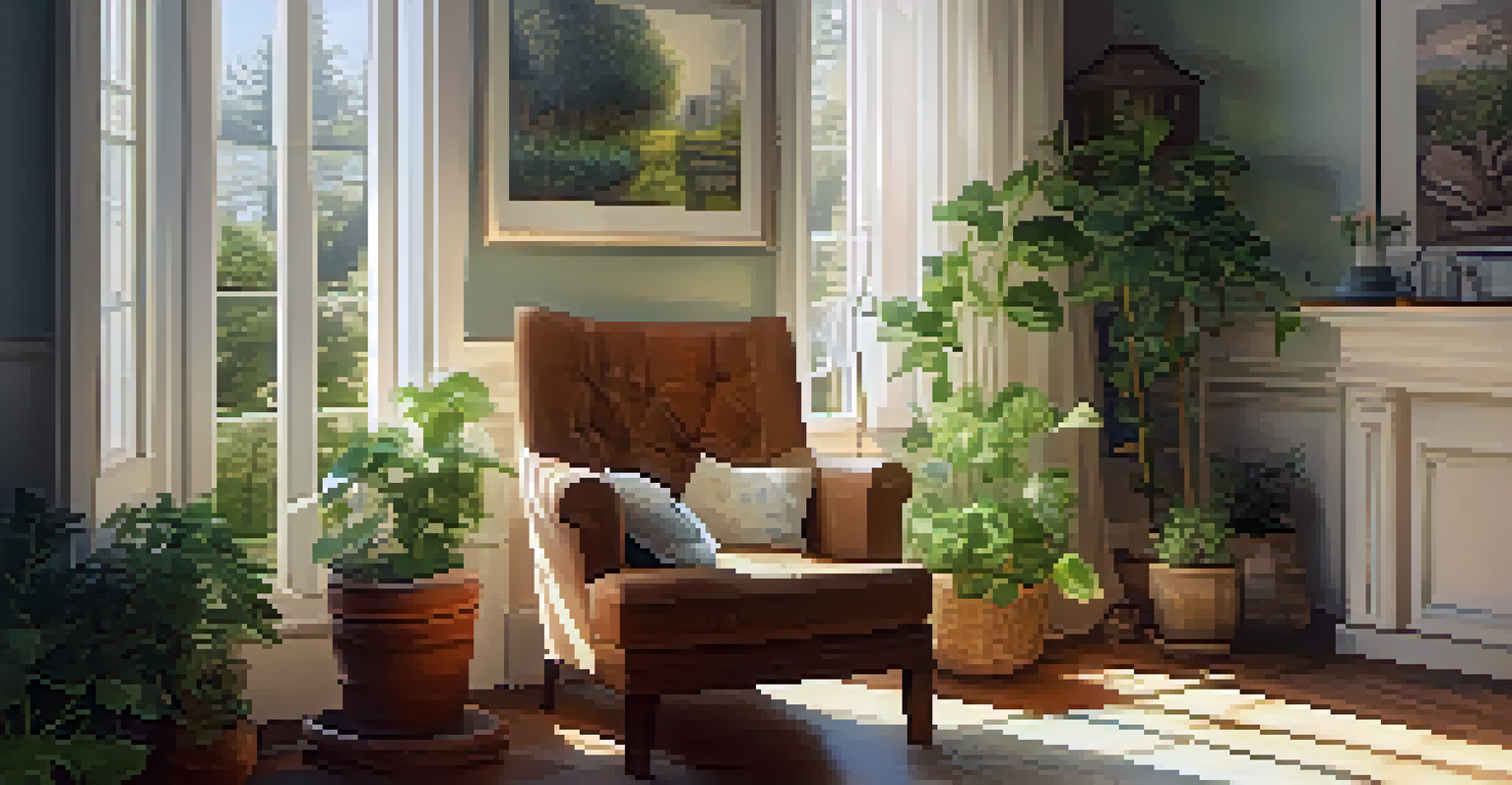 A cozy room with an armchair and sunlight streaming through the window, featuring a cup of tea and an open journal on a table.