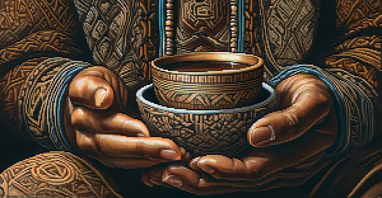A close-up of hands holding a cup of ayahuasca brew, showcasing the texture of the cup and the deep brown liquid.