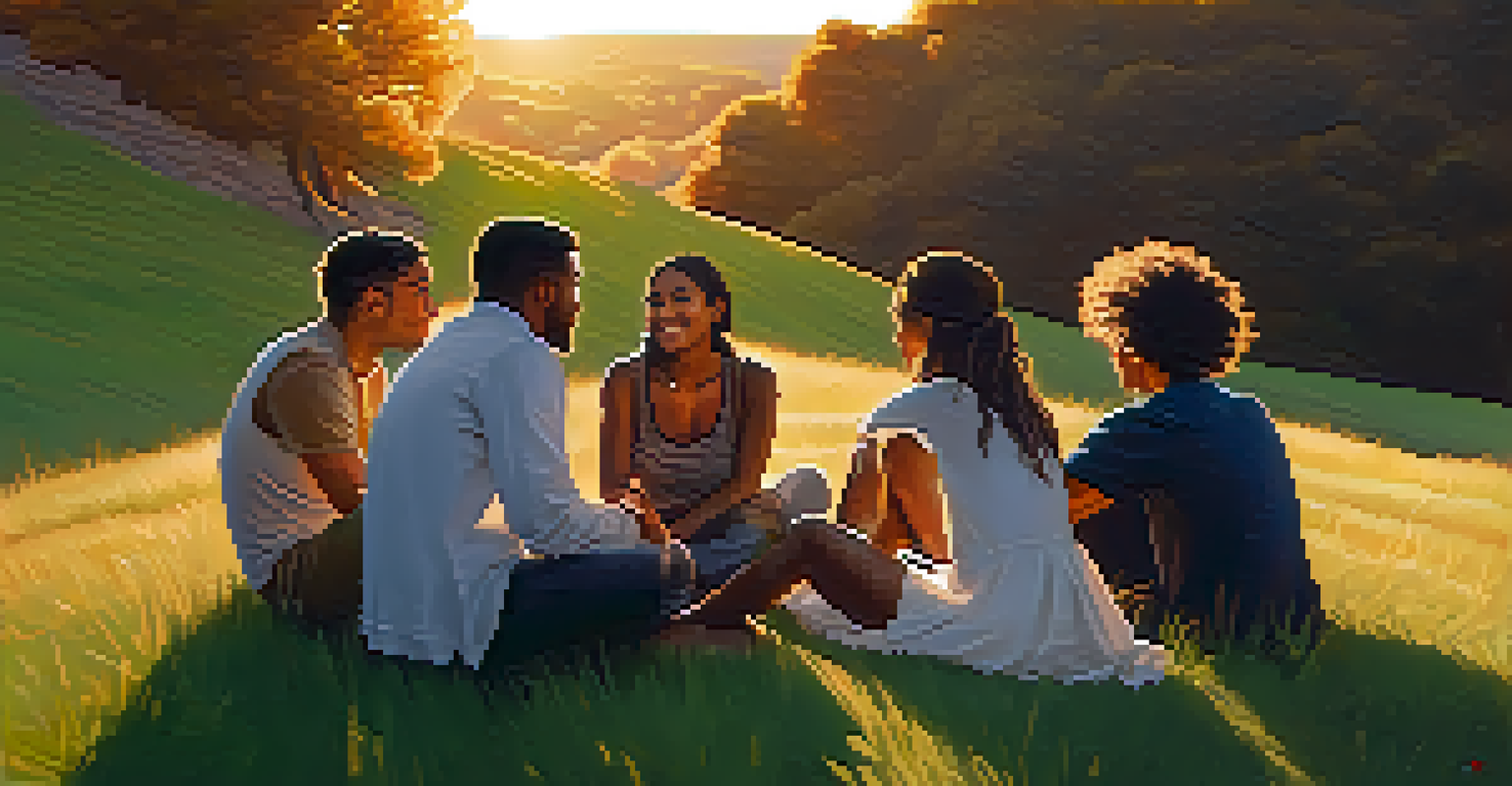 A diverse group of people sitting in a circle on a hillside at sunset, sharing meaningful conversations.