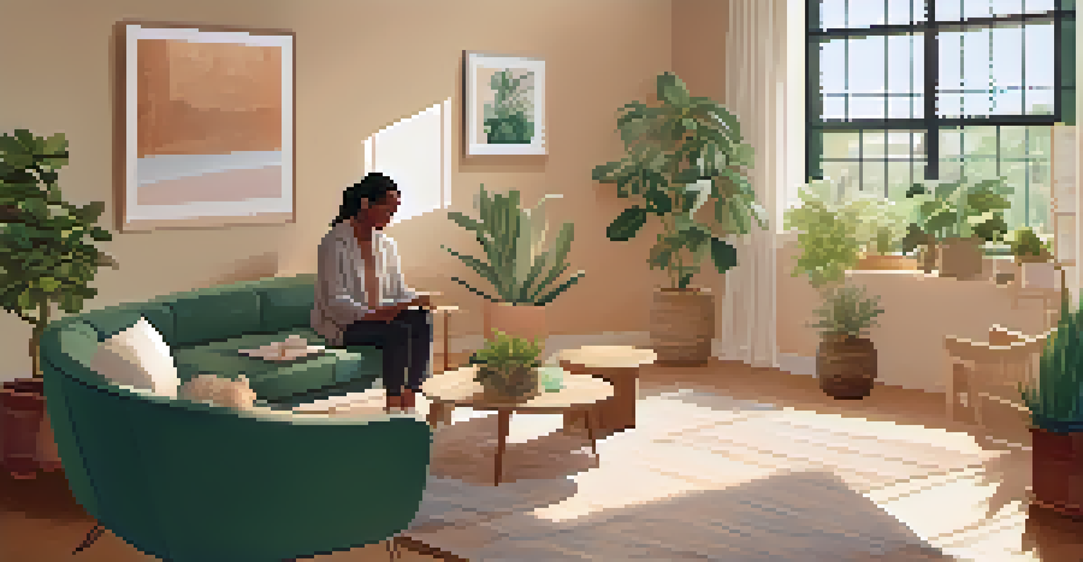 A cozy room for an integration session, featuring soft lighting and a supportive environment with a therapist and participant.