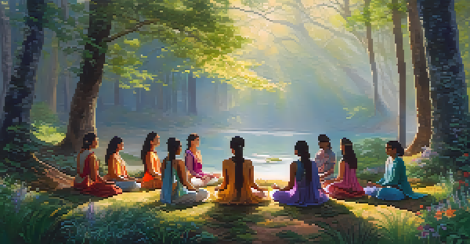 A peaceful forest scene with diverse women meditating in a circle, bathed in soft morning light.