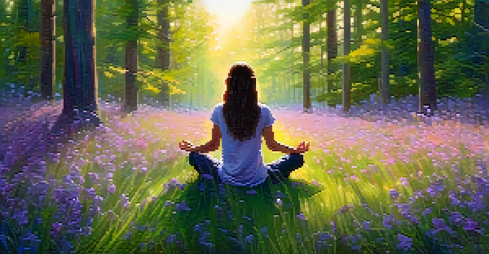 A person meditating in a sunlit forest clearing surrounded by colorful wildflowers and tall trees.
