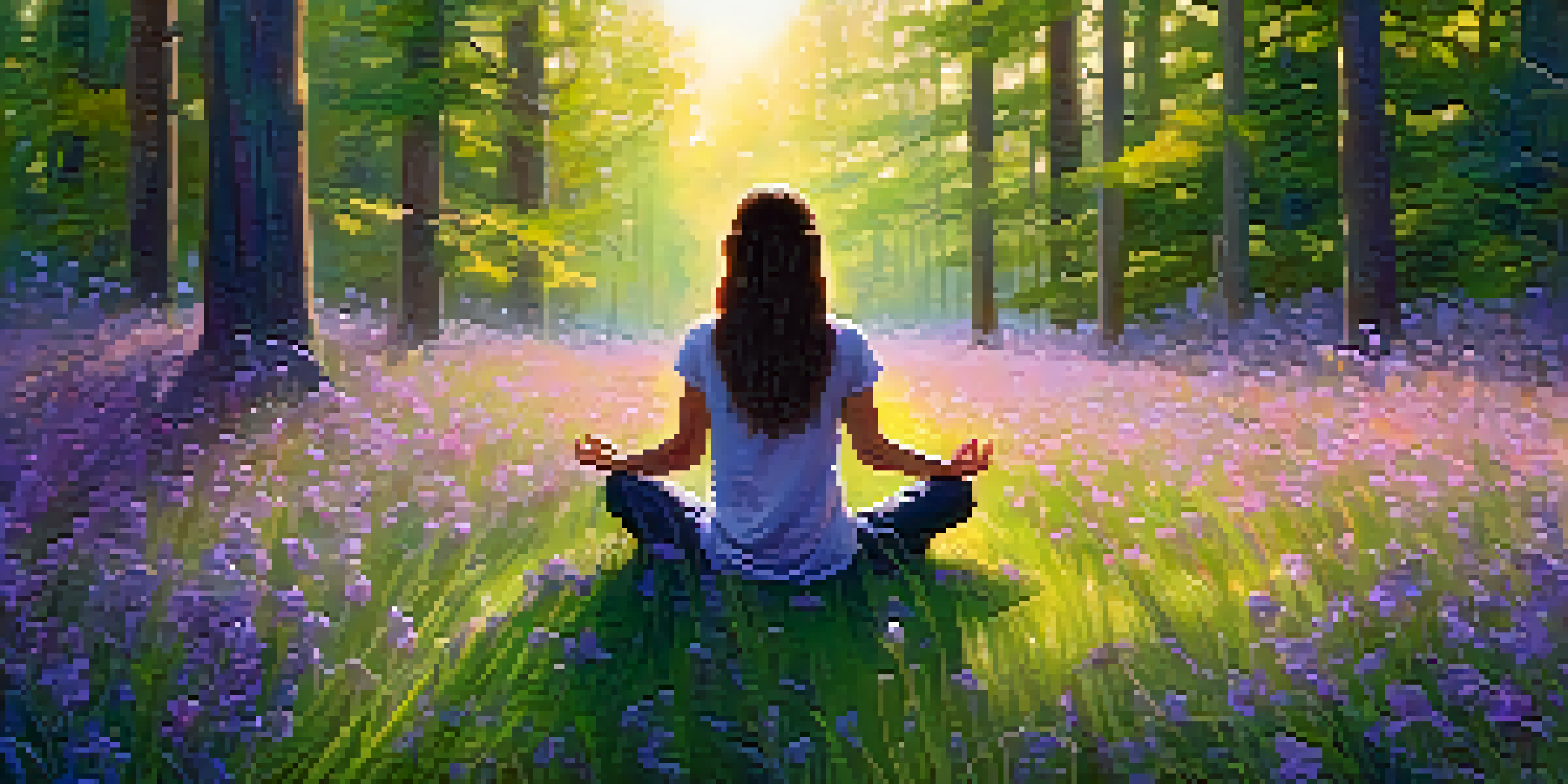 A person meditating in a sunlit forest clearing surrounded by colorful wildflowers and tall trees.