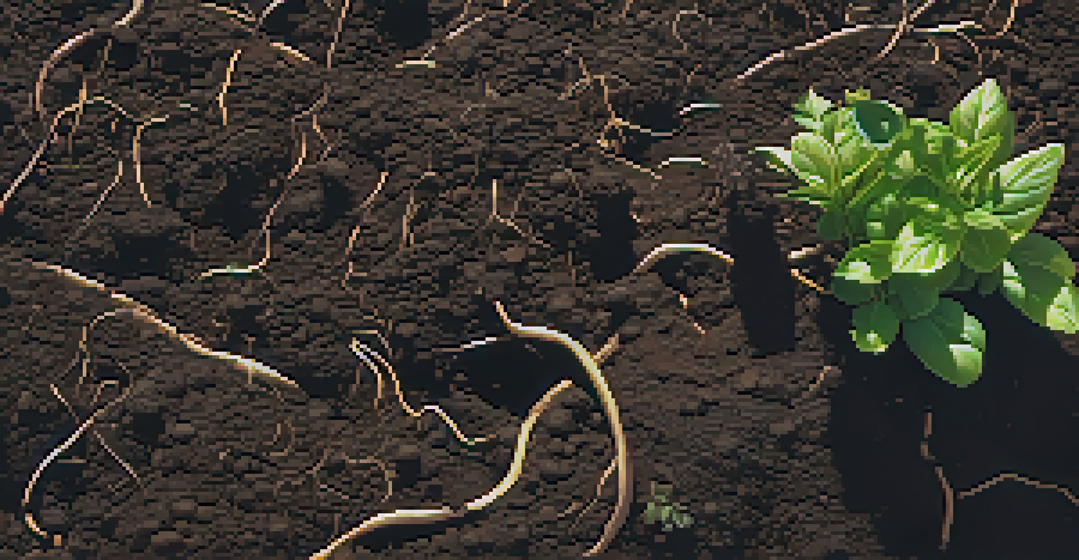 A detailed close-up of nutrient-rich soil with organic matter and roots from entheogenic plants, demonstrating healthy gardening practices.