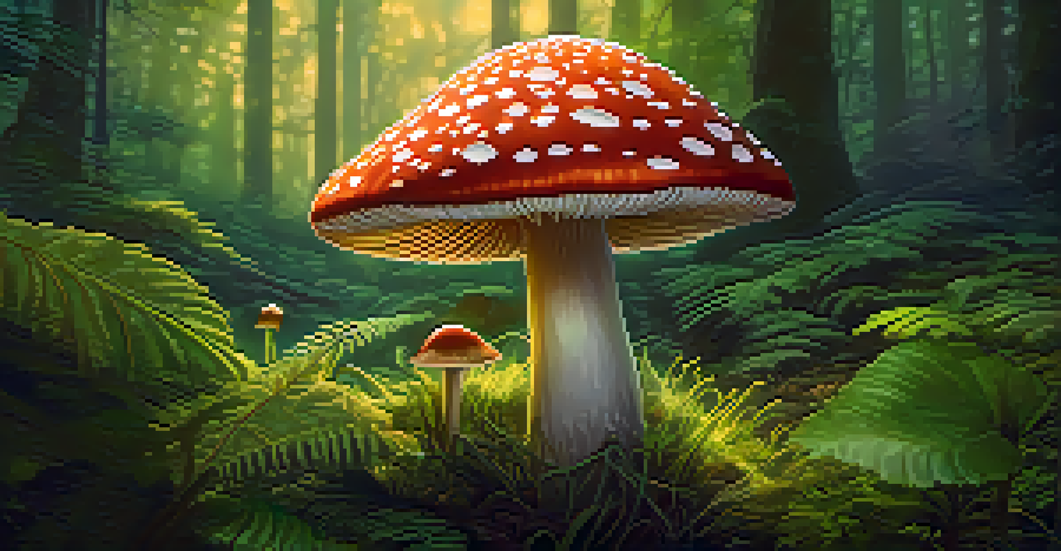 A detailed close-up of a psilocybin mushroom in a lush forest, illuminated by soft sunlight.