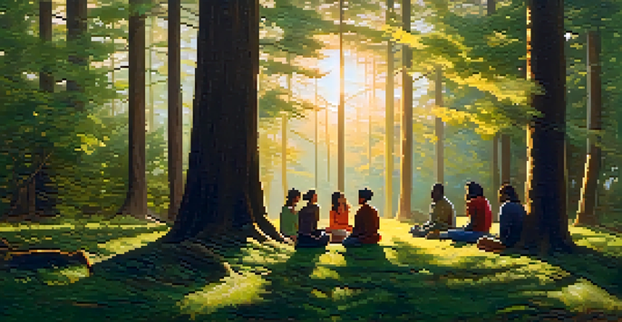 A peaceful forest scene at twilight with diverse individuals meditating in a circle, surrounded by trees and soft sunlight.