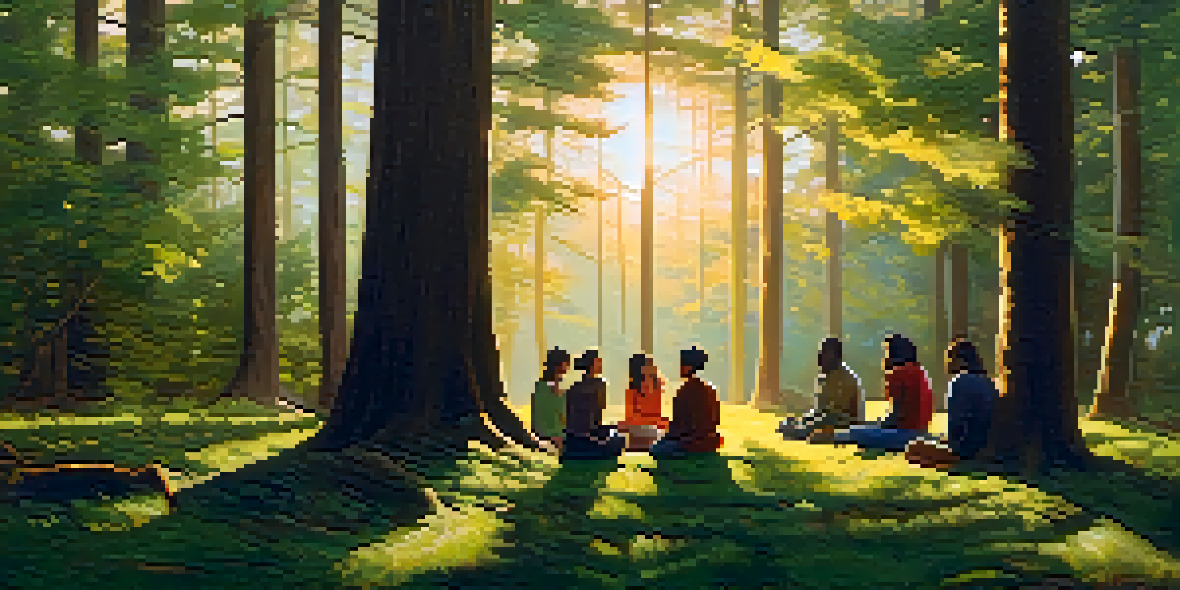 A peaceful forest scene at twilight with diverse individuals meditating in a circle, surrounded by trees and soft sunlight.