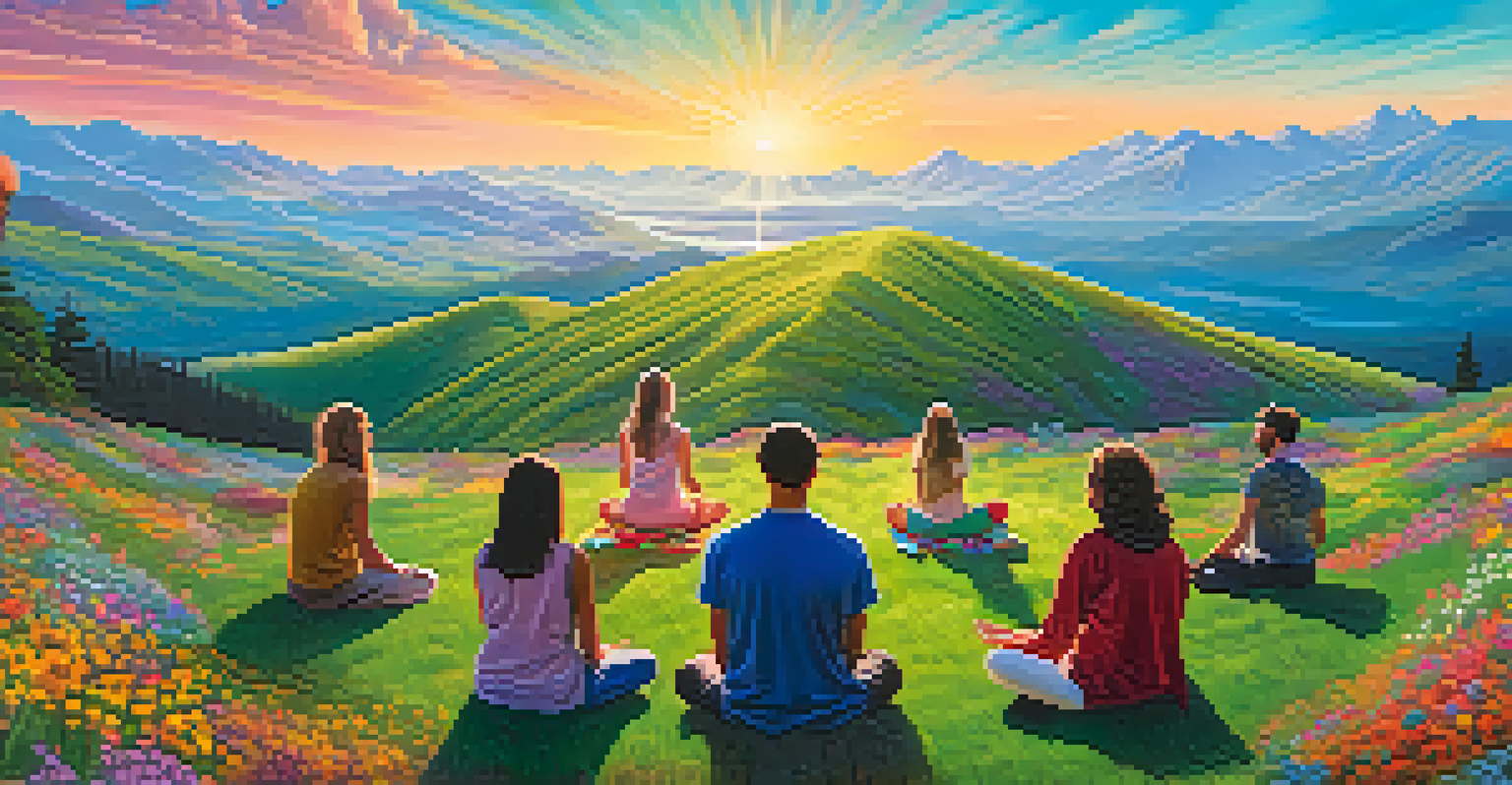 Participants meditating on a hilltop during a psychedelic retreat, with a colorful sky and wildflowers surrounding them.
