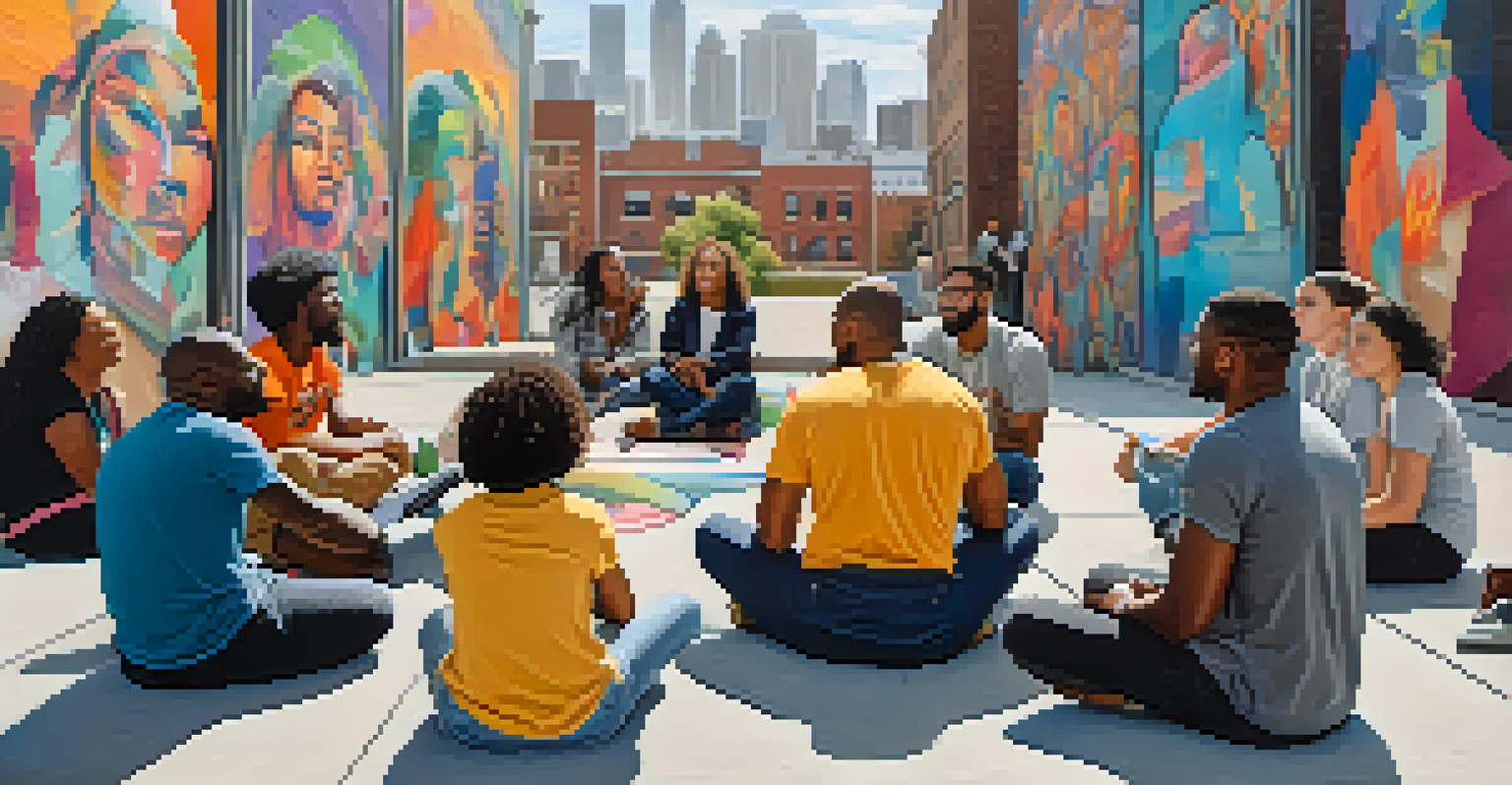 A modern activist group in an urban setting discussing mental health and wellness, with vibrant murals representing social justice themes in the background.