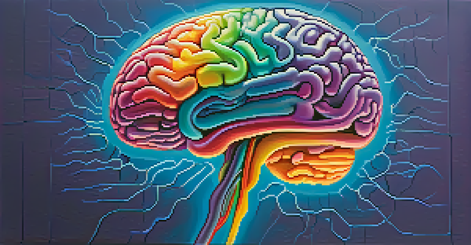 An artistic representation of a colorful brain with neural pathways lighting up against a gradient background, symbolizing creativity.