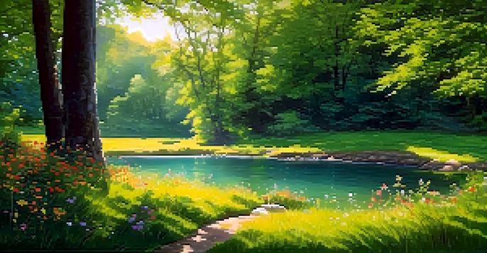 A peaceful forest clearing with sunlight filtering through the trees, featuring a comfortable seating area with cushions and blankets surrounded by wildflowers and a stream.