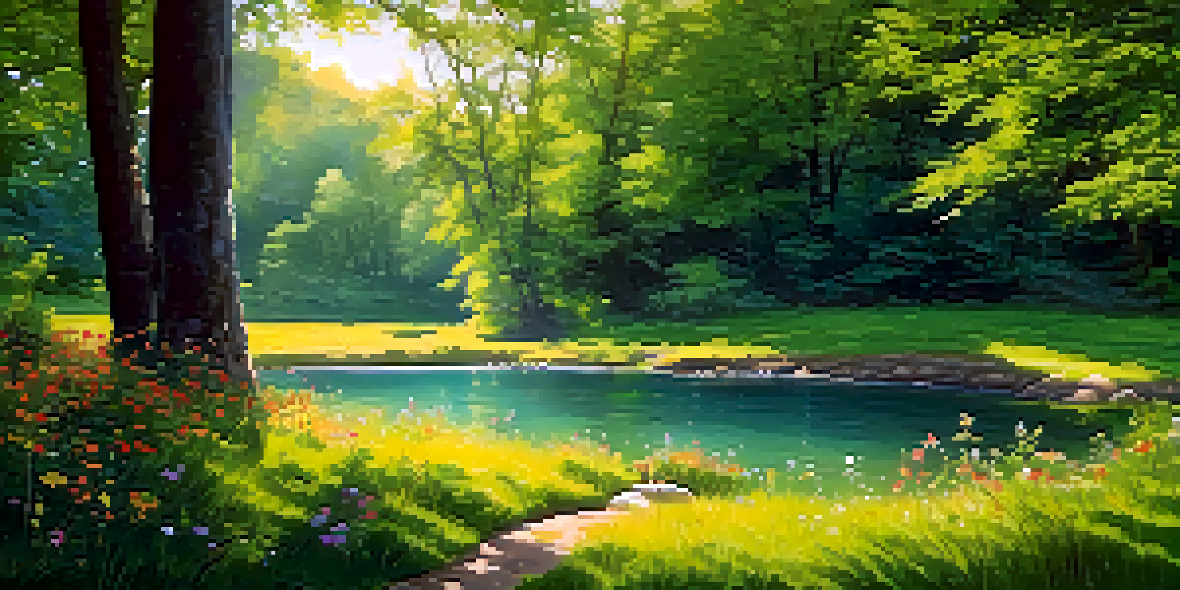 A peaceful forest clearing with sunlight filtering through the trees, featuring a comfortable seating area with cushions and blankets surrounded by wildflowers and a stream.