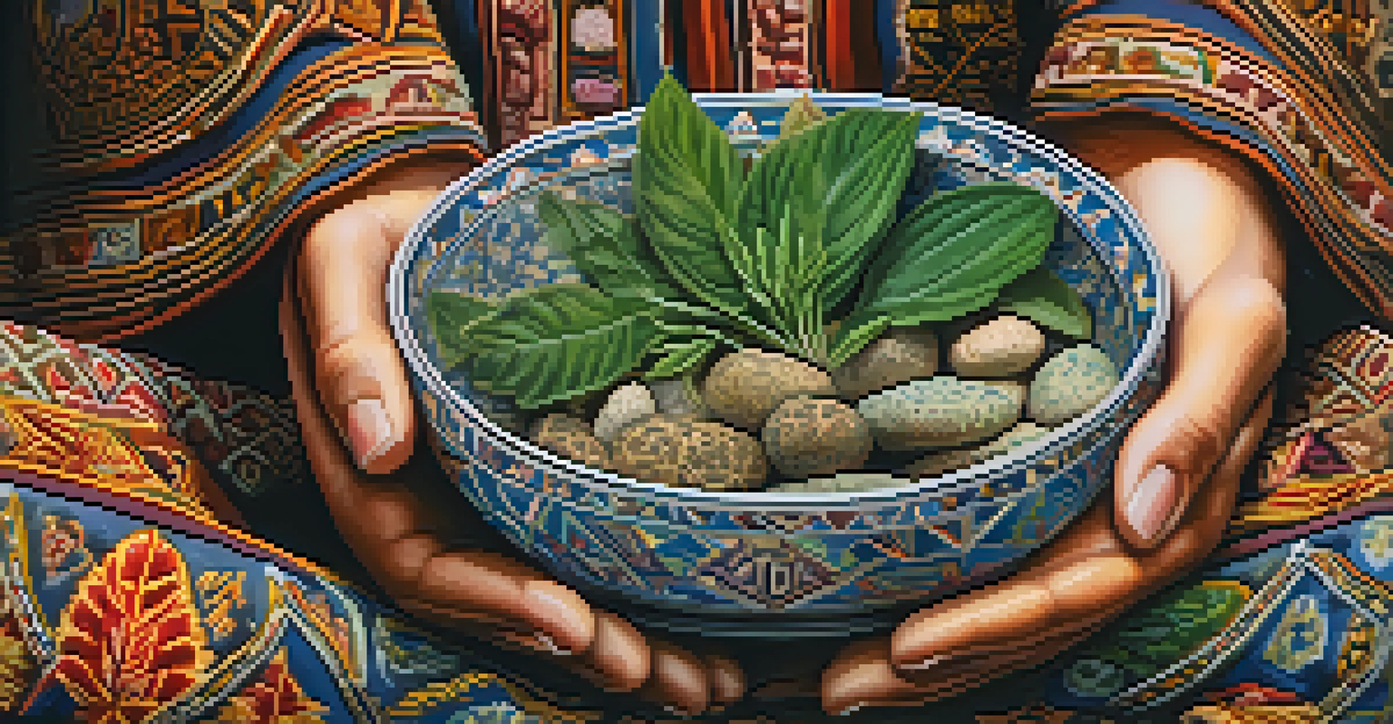 Close-up of hands holding a ceremonial bowl filled with herbs, against a background of traditional textiles and natural elements.