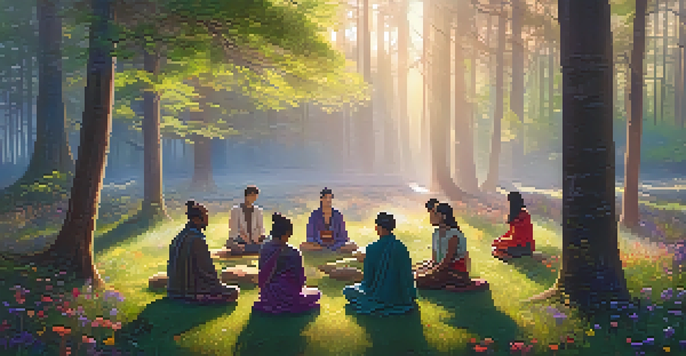 A peaceful forest scene at twilight with a group of diverse people meditating in a circle on the grass, surrounded by wildflowers and soft sunlight.
