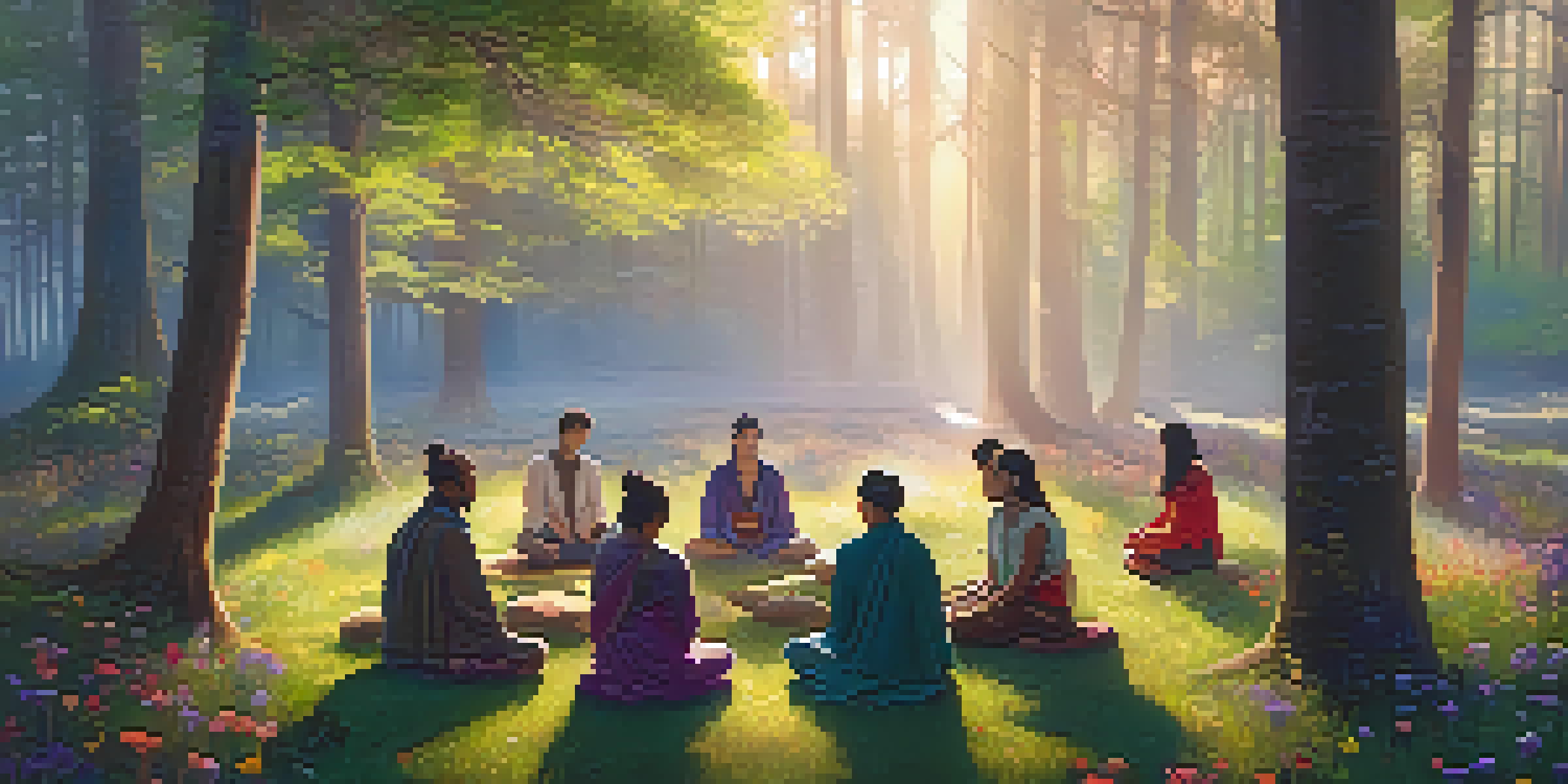 A peaceful forest scene at twilight with a group of diverse people meditating in a circle on the grass, surrounded by wildflowers and soft sunlight.