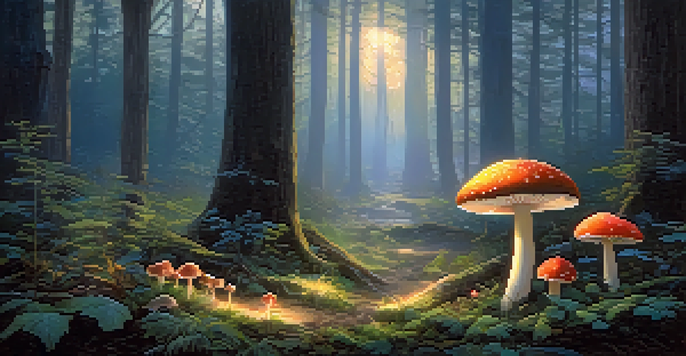 A peaceful forest with golden light shining through trees, highlighting a circle of colorful mushrooms on the ground.