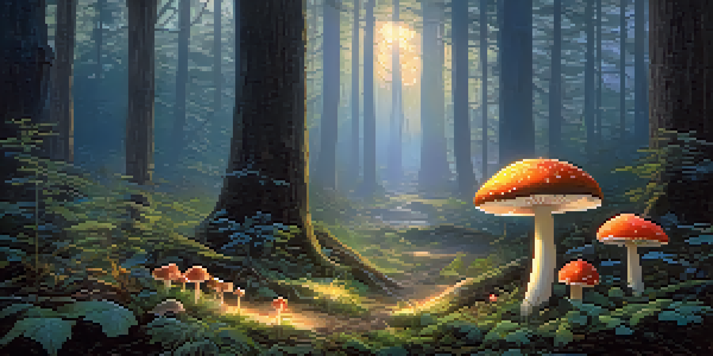 A peaceful forest with golden light shining through trees, highlighting a circle of colorful mushrooms on the ground.
