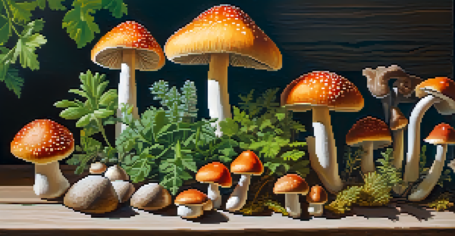 A collection of colorful mushrooms and herbs on a wooden table in an outdoor setting.