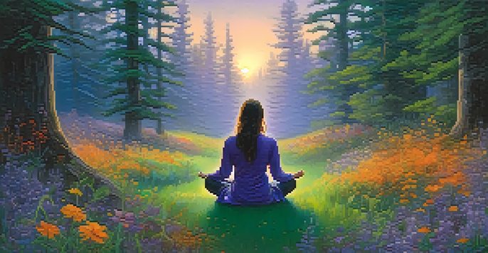 A peaceful forest clearing at dusk with a person meditating surrounded by colorful smoke and wildflowers.