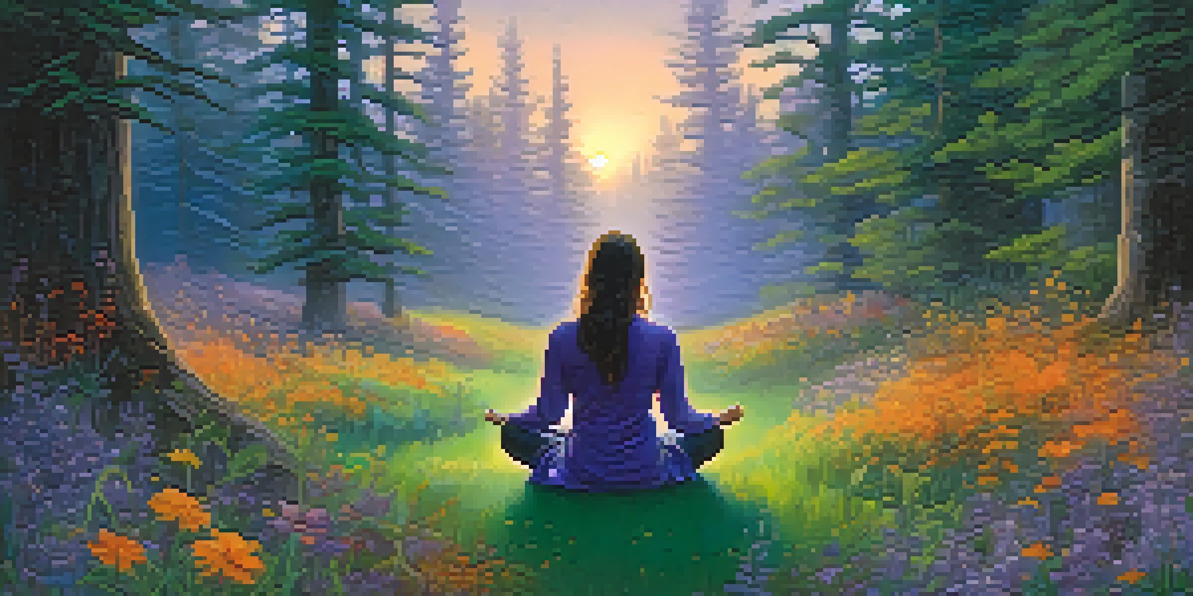 A peaceful forest clearing at dusk with a person meditating surrounded by colorful smoke and wildflowers.