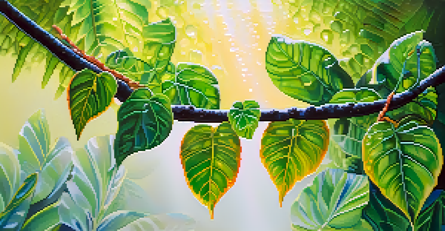 Close-up of an ayahuasca vine with leaves, surrounded by the lush greenery of the Amazon rainforest.