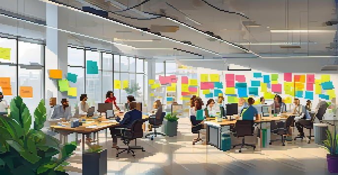 A bright office environment where diverse employees are collaborating during a brainstorming session, filled with plants and sticky notes.
