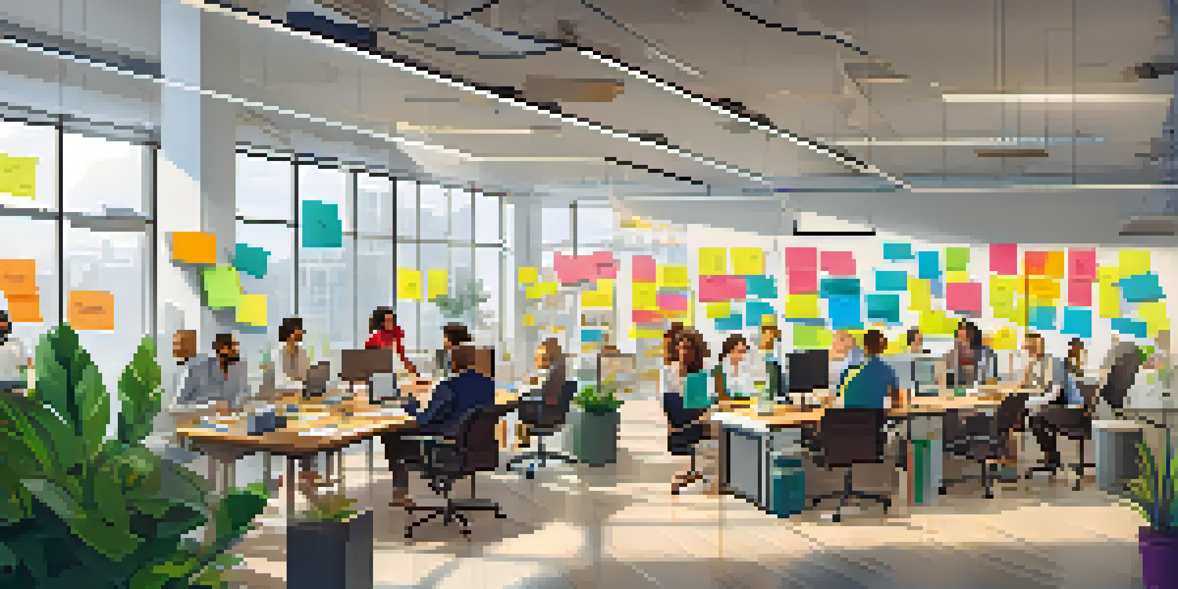 A bright office environment where diverse employees are collaborating during a brainstorming session, filled with plants and sticky notes.