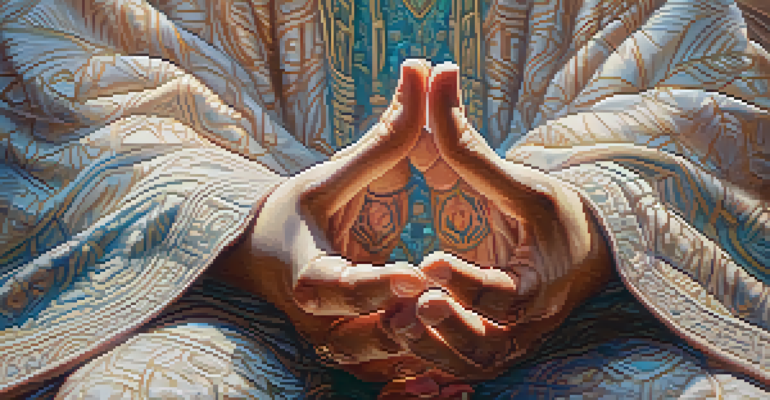 A close-up of a person’s hands in a meditative pose with light and ethereal patterns around them.