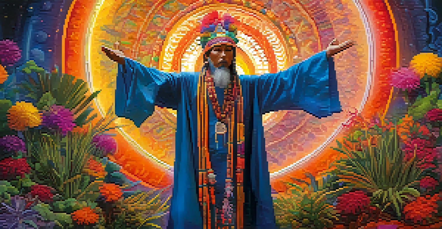 A shaman conducting a colorful ritual surrounded by glowing plants and flowers.