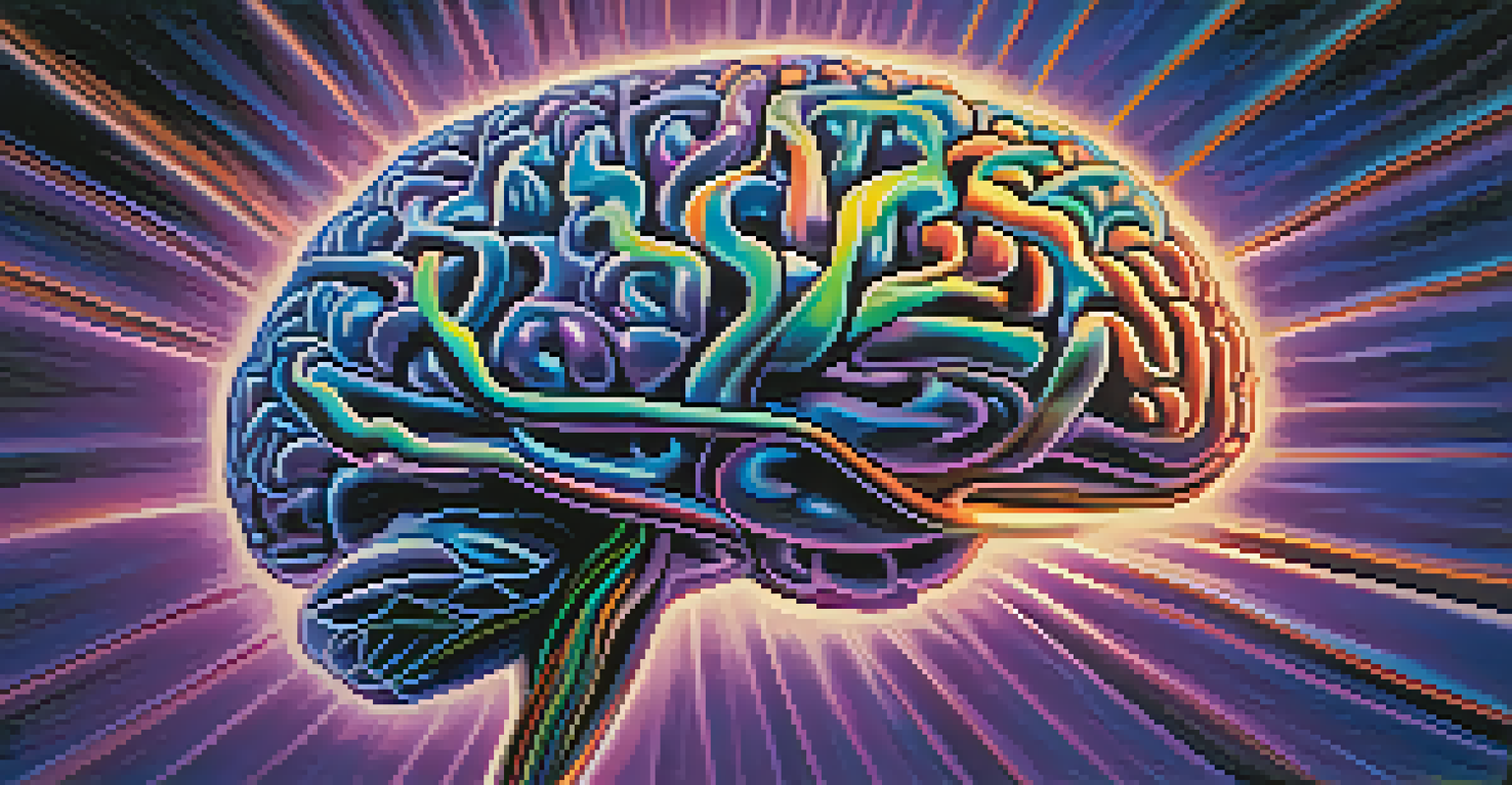 An artistic image of a brain with colorful neural pathways and abstract shapes, against a gradient background, symbolizing altered consciousness.