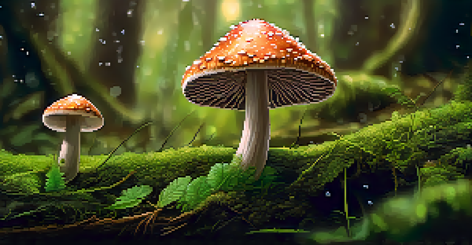 A close-up of a psilocybin mushroom in a green forest, with dew drops on its cap.